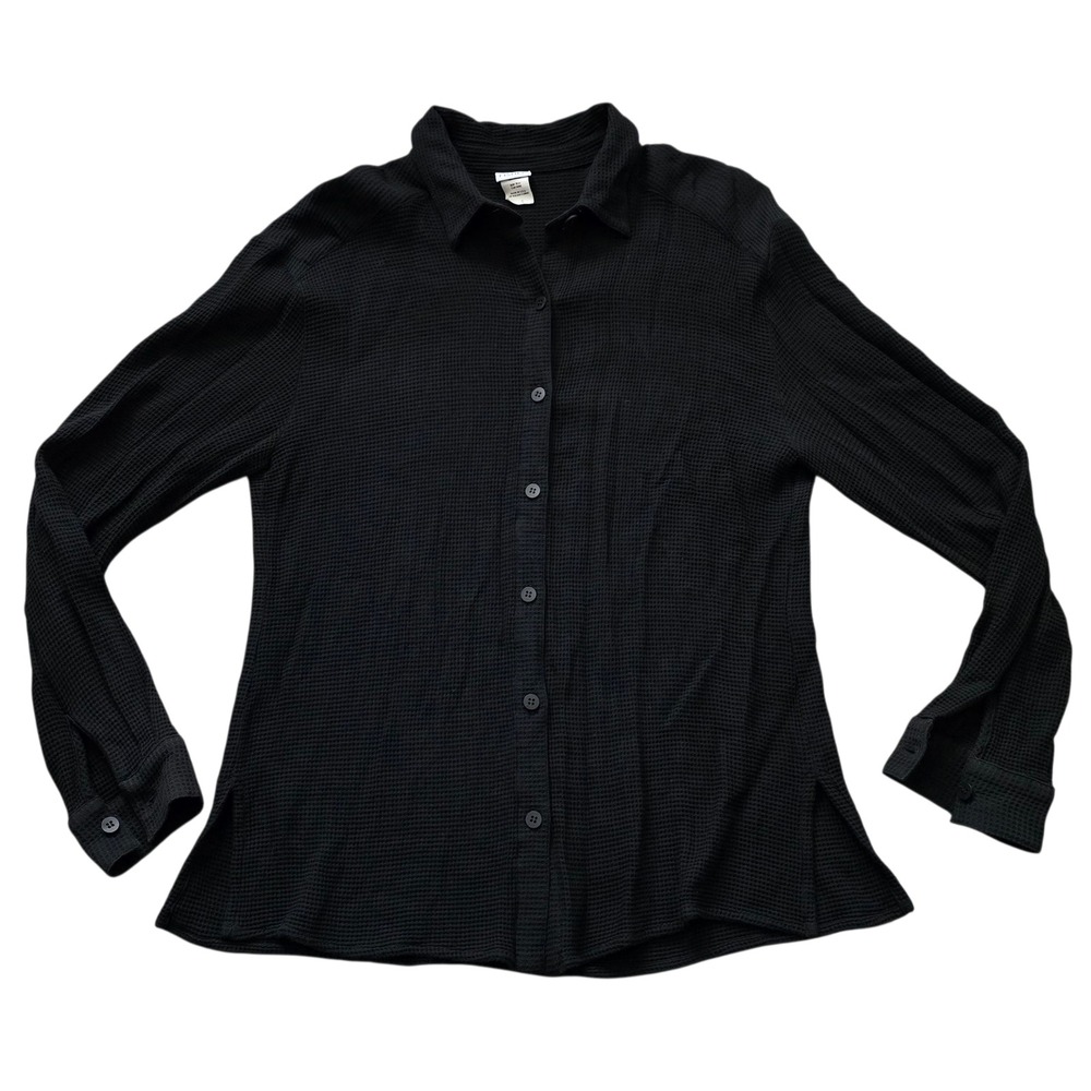 Eileen Fisher Black Waffle Weave Button Up Long‎ Sleeve Shirt Sz S